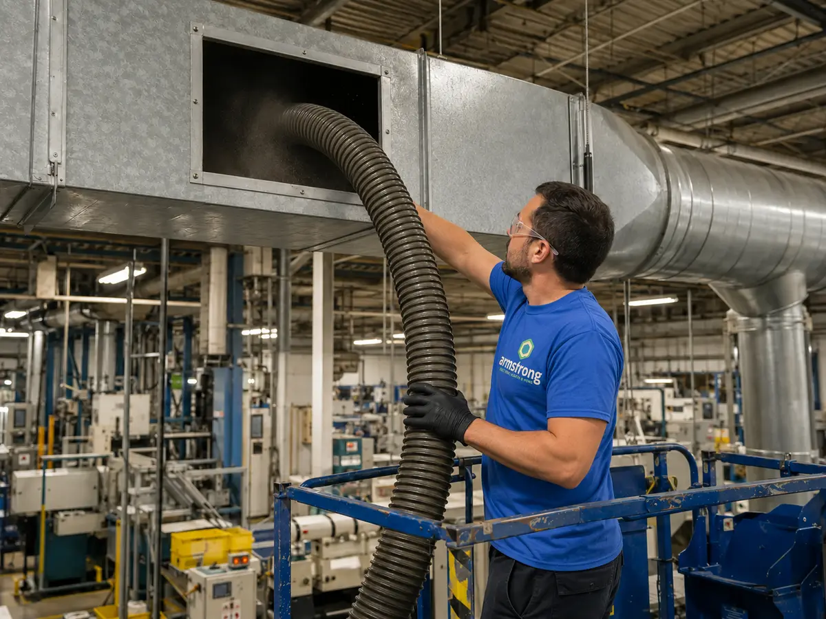Industrial exhaust ductwork being cleaned inside a manufacturing facility